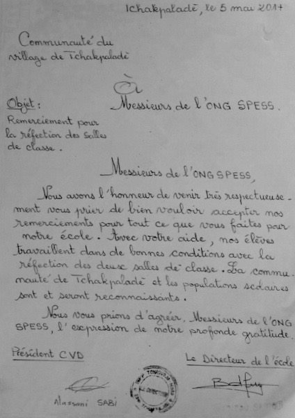 Lettre de Tchakpalade college